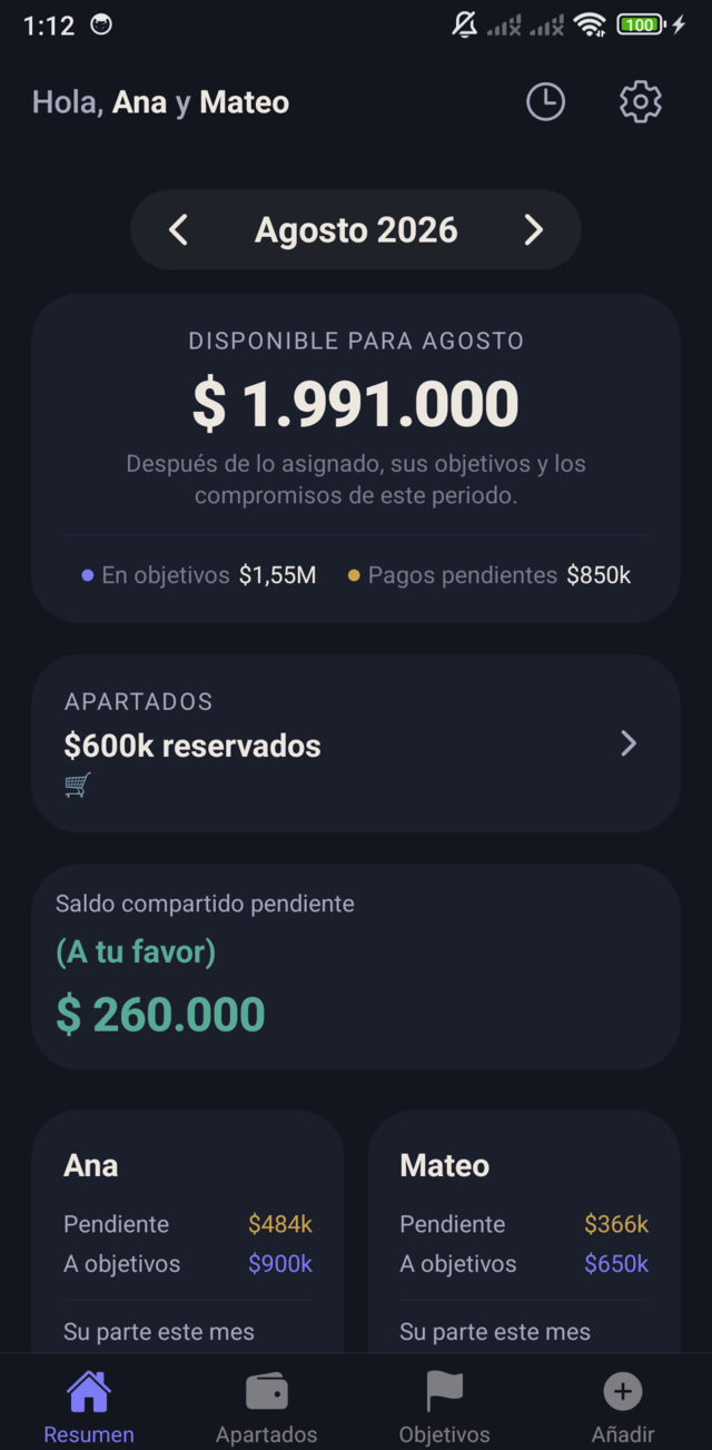 Resumen de Katero: cuánto queda disponible en el mes, apartados y próximas obligaciones.
