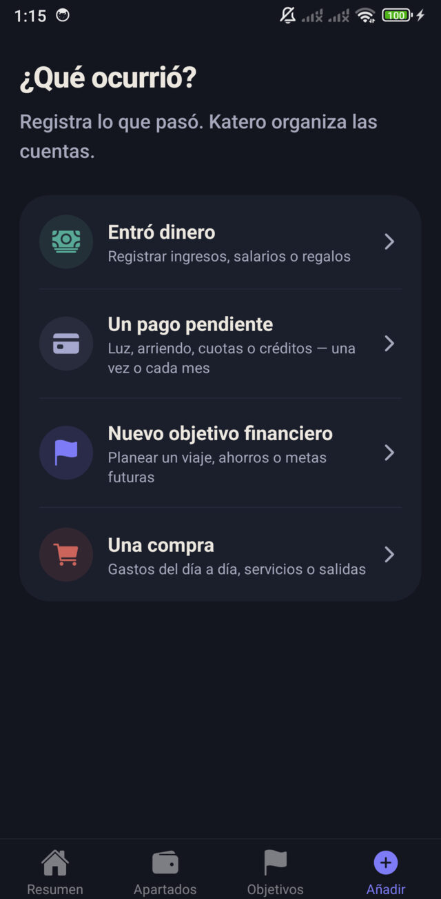 Registro de un gasto en Katero con la tarjeta de impacto del apartado visible.