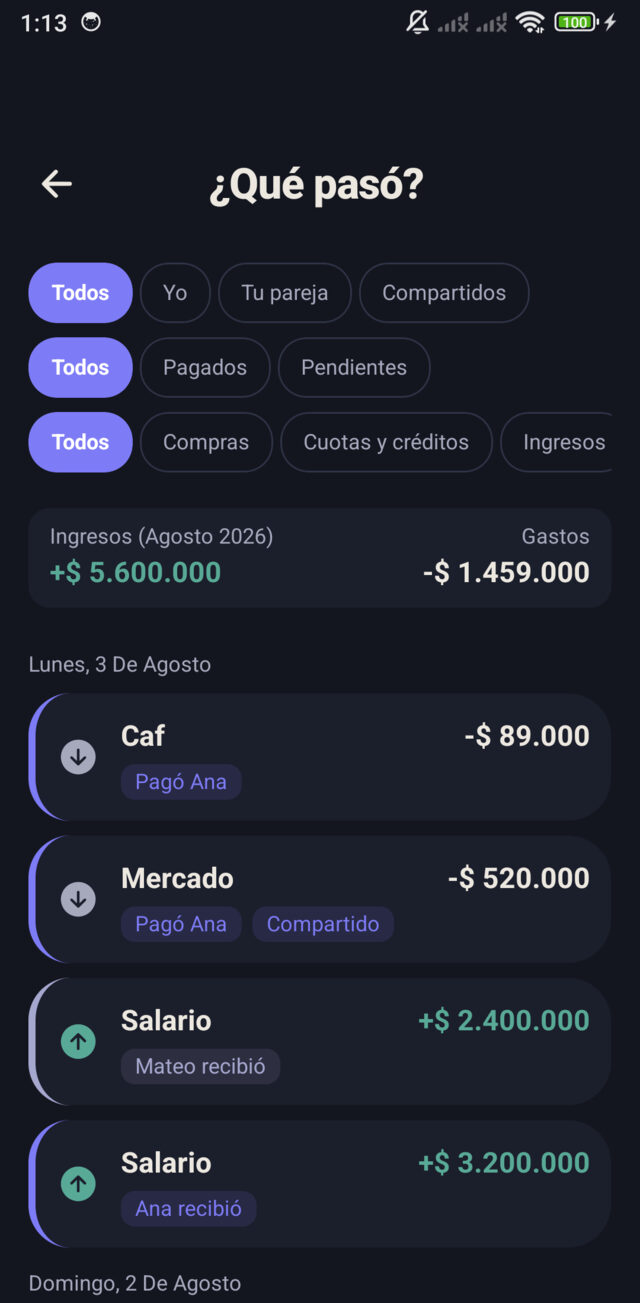 Historial de Katero: ingresos y gastos del mes, pagados y pendientes.