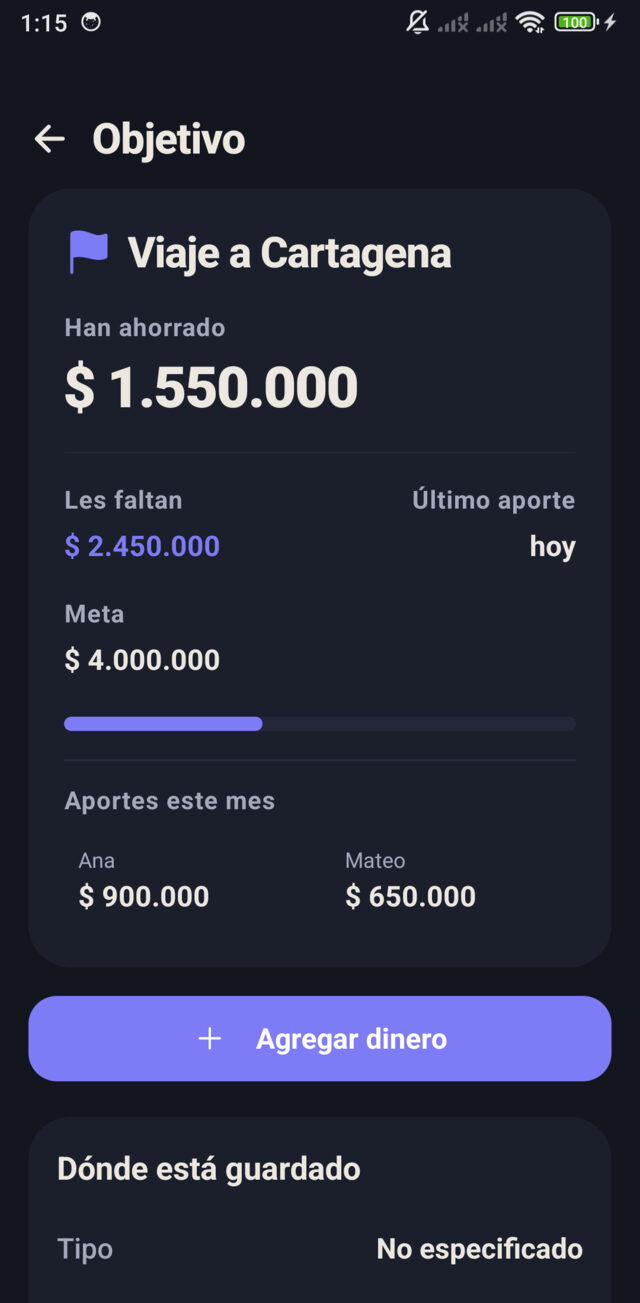 Objetivo de ahorro en común en Katero, con su progreso.