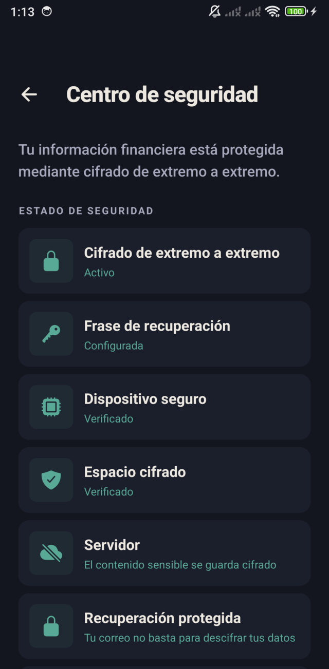 Centro de seguridad de Katero: cifrado activo, frase configurada, dispositivo verificado.