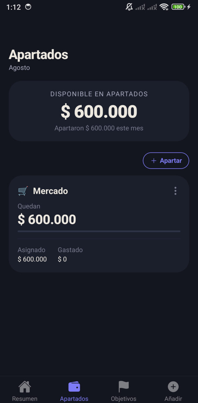 Apartados de Katero: el dinero del mes repartido por nombre, con lo que queda en cada uno.